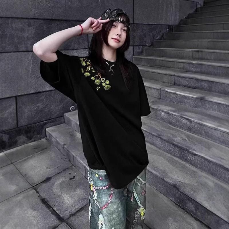 Vintage American Camellia Embroidered T Shirt Women Loose Fit Streetwear Black Short Sleeve Top