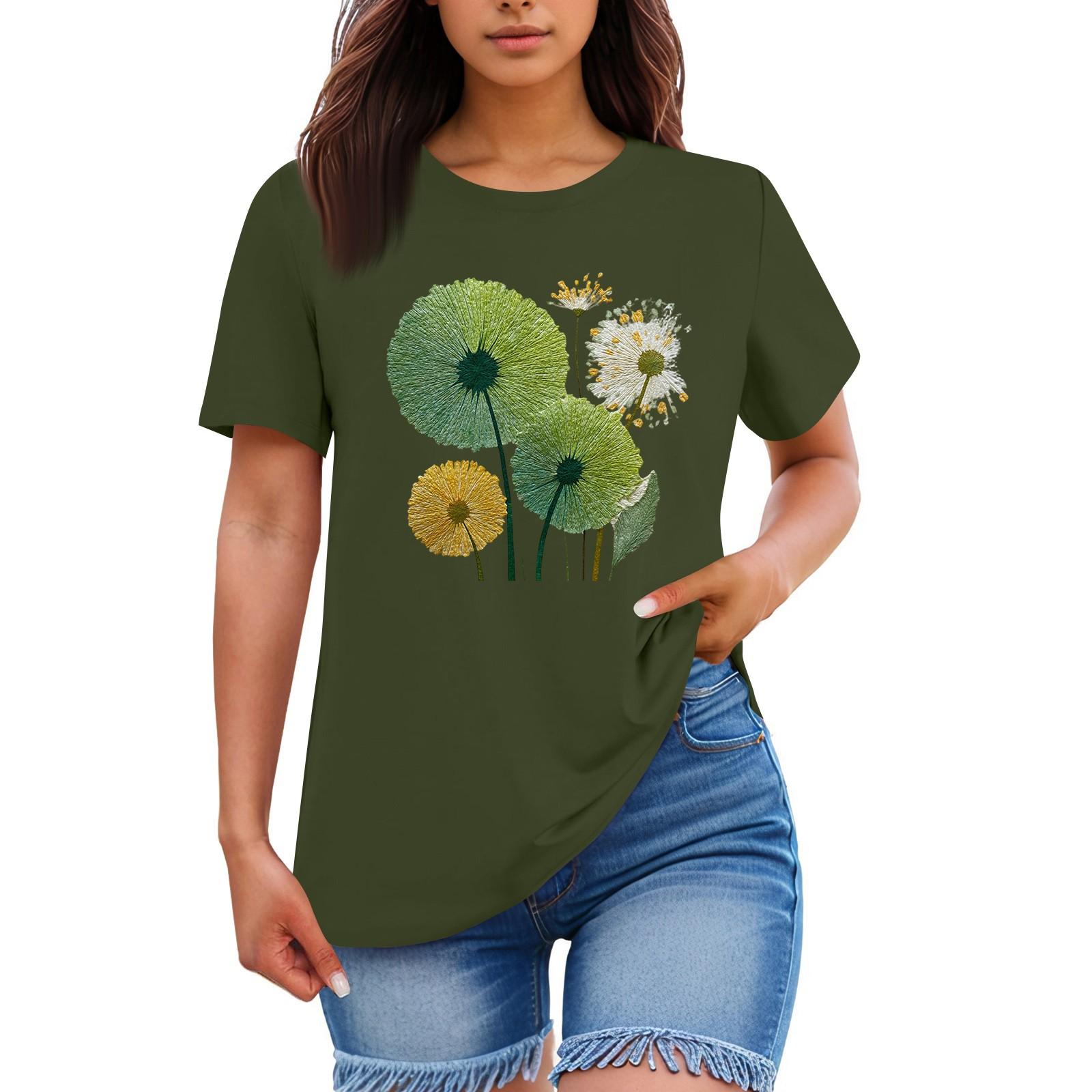 

Женская свободная удобная повседневная модная футболка с принтом растений и цветов, круглым вырезом и короткими рукавами XL