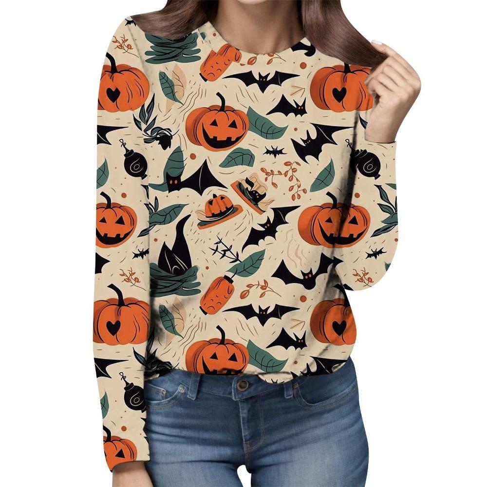 Women's Halloween 3D Printed Pumpkin Face Bat Long Sleeve Shirt Autumn Loose Casual Polyester Round Neck Fashion Casual Top
