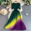 Pleated Diamond-Embellished Round-Neck Midi Dress for Women Summer Short Sleeve Lace-up Stunning Ombre Pleated Dress
