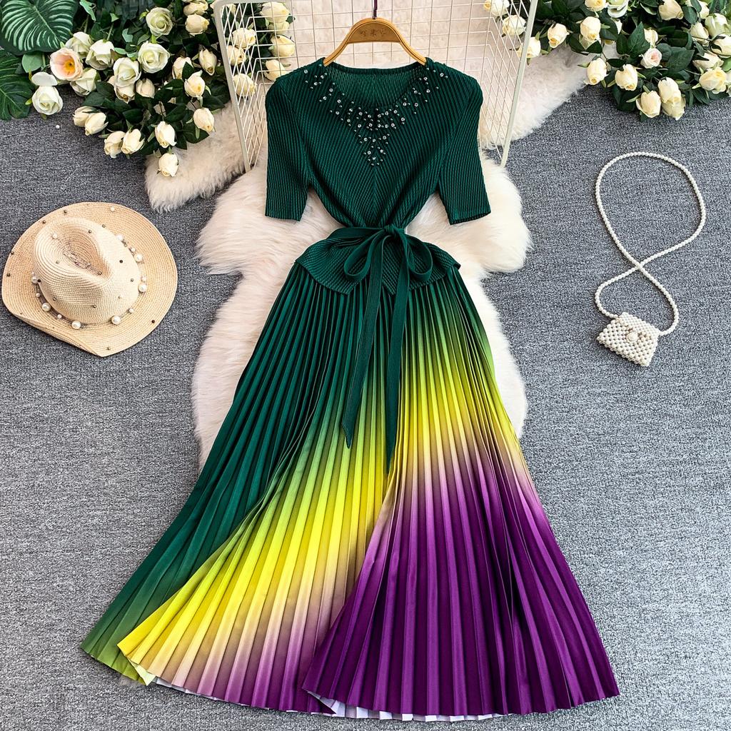 Pleated Diamond-Embellished Round-Neck Midi Dress for Women Summer Short Sleeve Lace-up Stunning Ombre Pleated Dress