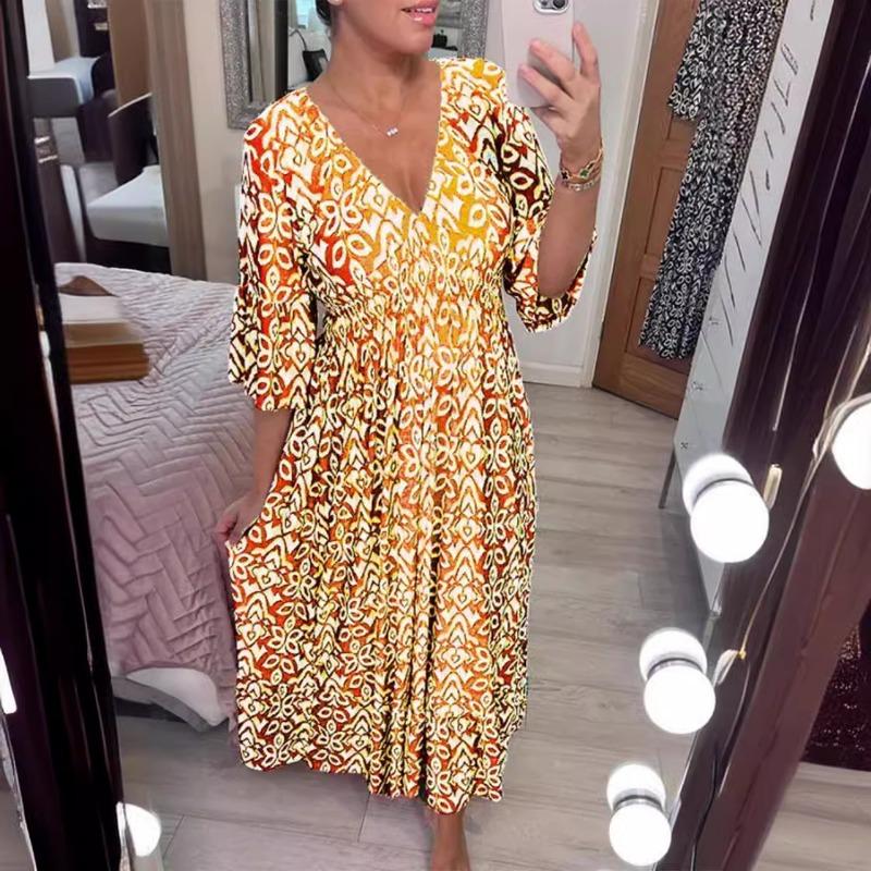 Women's Super Fairy V-neck Floral Dress, Beach Skirt, Printed Loose Long Skirt