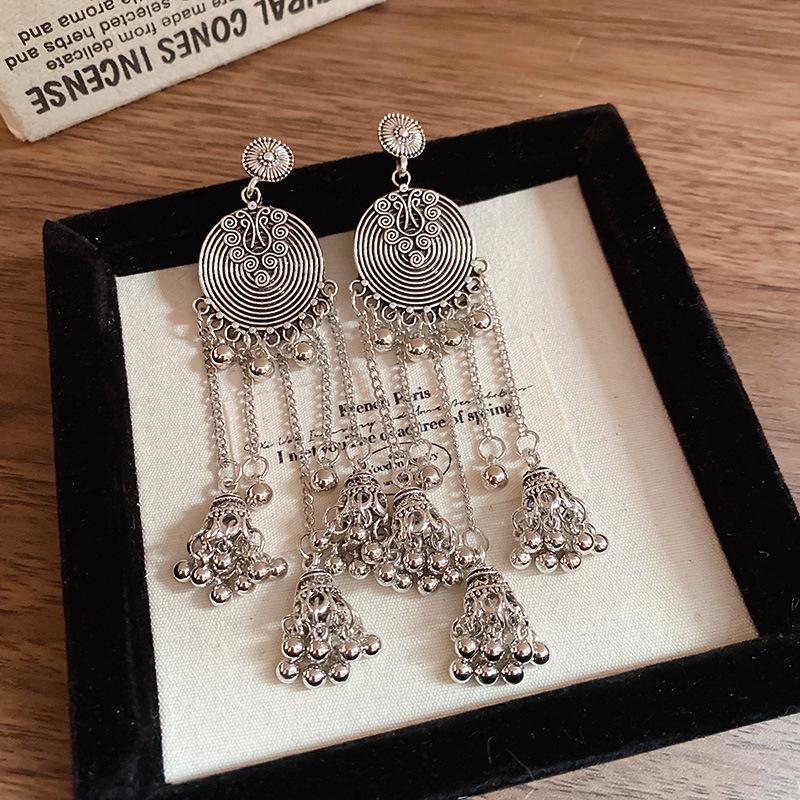 Retro Ethnic Style Round Wind Chime Earrings with Tassel and Silver Needle - High-Grade Metallic Texture for Women