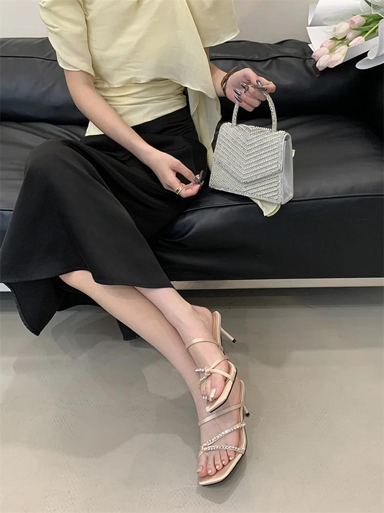 Eilyken New Summer Crystal Diamond Narrow Band Square Toe Women Slippers Thin Heels Stripper Party Slide Shoes