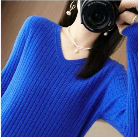 Pulôver Feminino Tricotado Canelado com Decote em V – Top de Lã Slim-Fit para Primavera e Outono 2025