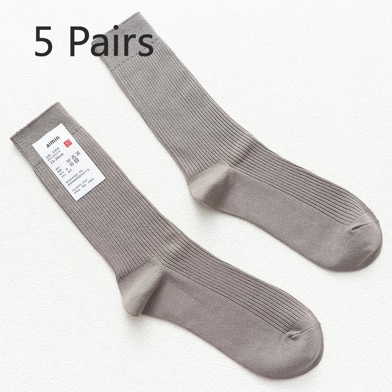 5 Pairs of Men's Retro Sweat-absorbing Vertical Striped Plain Color Cotton Mid Calf Socks