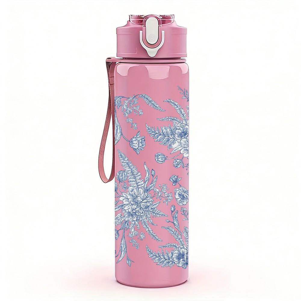 1PC Frosty Blue Winter Pine Floral Print 750ml Color Plastic Sports Water Bottle Leakproof Flip Straw Lid Suitable for Sports Office Home Use