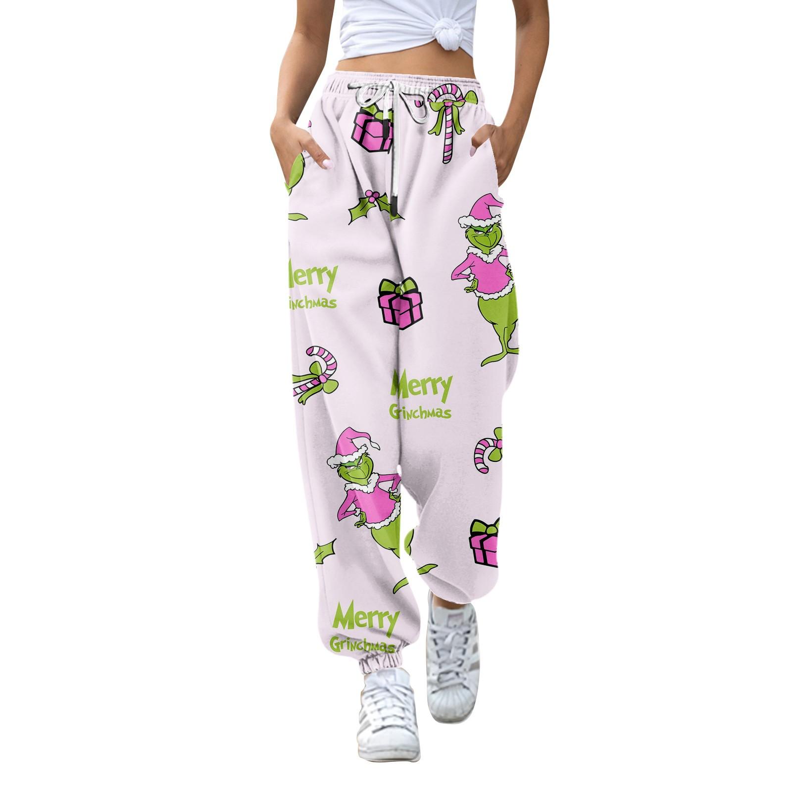 

Women s Fashion Christmas Loose Drawstring Waist Solid Color Casual Sports Pants XXL рожевий