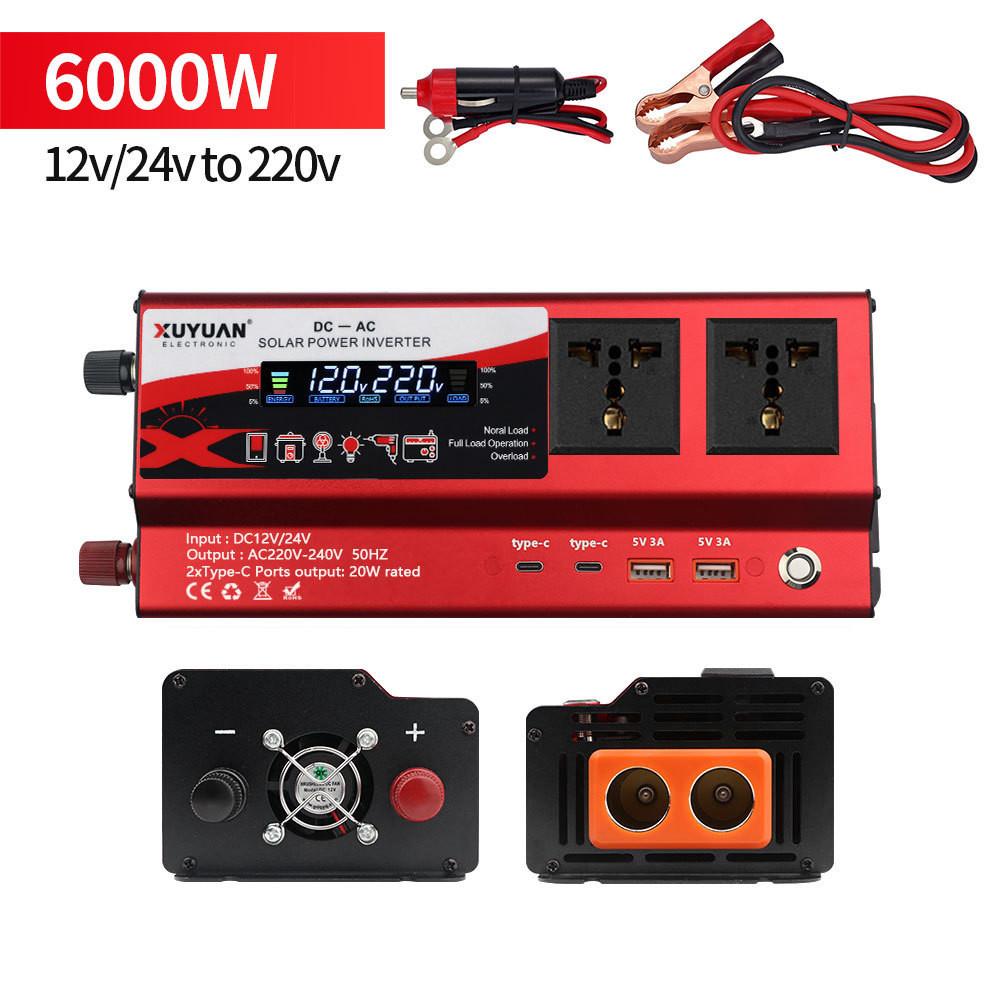 3000W/4000W/6000W Intelligent Display Power Inverter With Light High Power Portable Car Inverter Red Power Converter