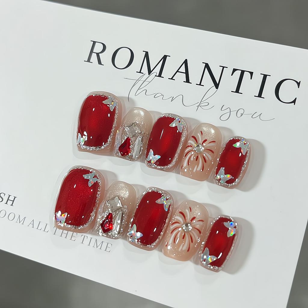 Press on Nails Artificial Acrylic Nails Glossy False Nails Full Cover Stick on Nails Square Fake Nails with Glitter Design Glue on Nails for Women