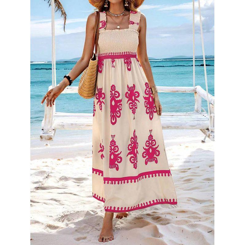 

Chest Hugging Dress2024 European and American New Women s Clothes Beach Vacation Style Print Chest-Wrapped Dress Rose pink L