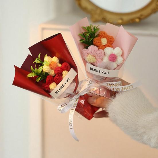 Crochet Flower Bouquet Handmade Knitted Mini Artificial Bouquet Fake Puff Flower Gift for Mother Wife On Birthday Anniversary
