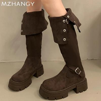Fashion Women Suede Chunky High Boots Over The Knee Mid Heels Shoes Woman 2025 Trend Winter Fashion Retro Motorcycle Boots Mujer Botas