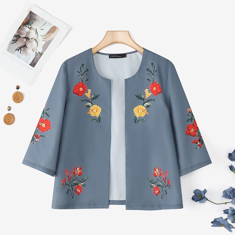 ZANZEA Women Floral Print Casual 3/4 Sleeve Loose Cardigan Blouse