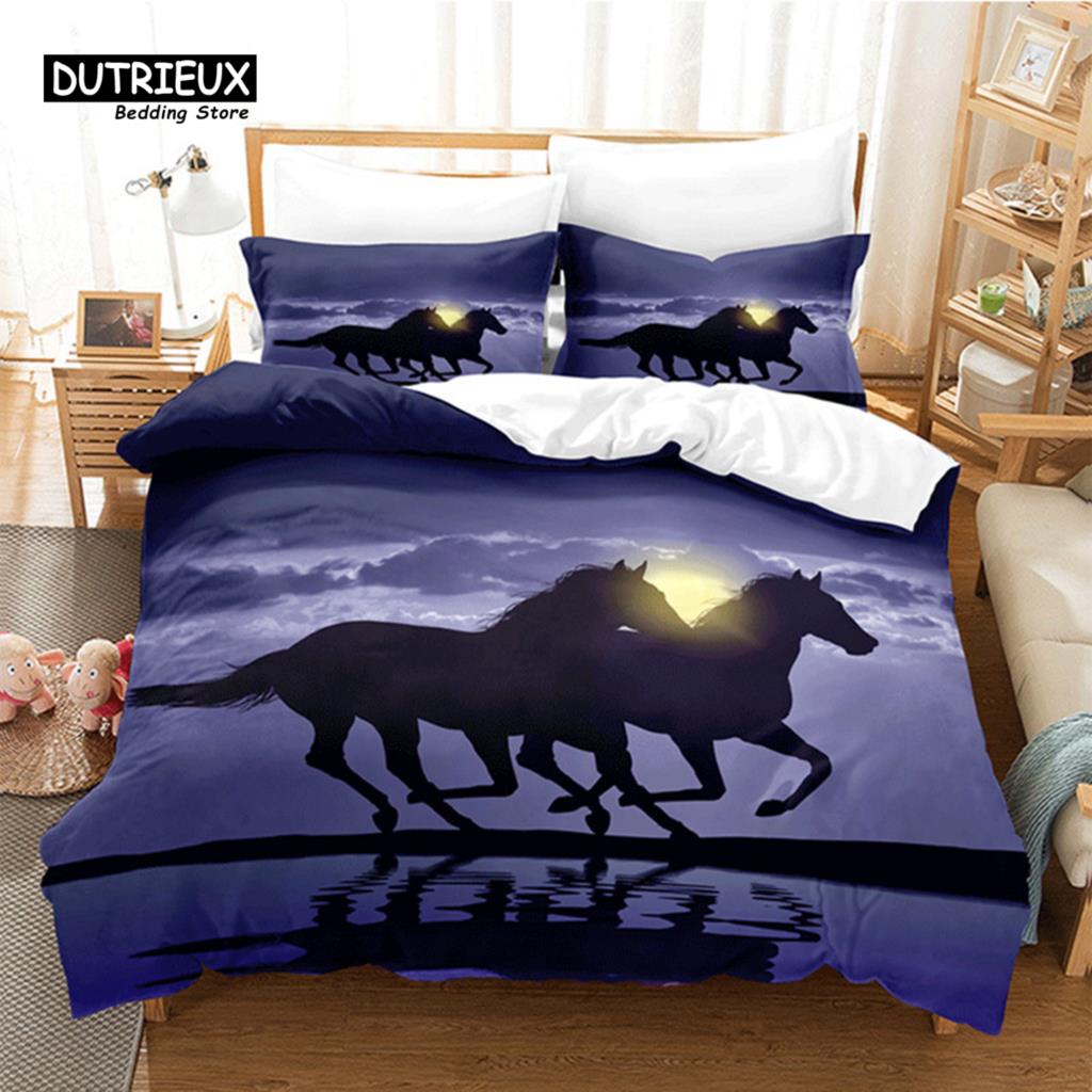 Unicorn Horse Bedding Set 3D Animal Print Duvet Cover Galloping Horse Comforter Cover Queen For Boys Teens Adults Decor Bedroom