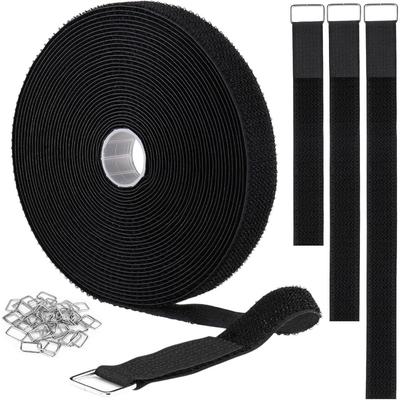 1PACK 1 Inch X 32 Feet Velcro Straps with 50 Metal Buckles, Adjustable Fastening Cable Straps, Cut Length Fastening Straps