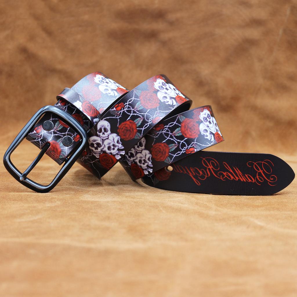 Real Cowhide Retro Skull Rose Graffiti Printed Belt, Personalized Retro Belt, American Japanese and Korean Style