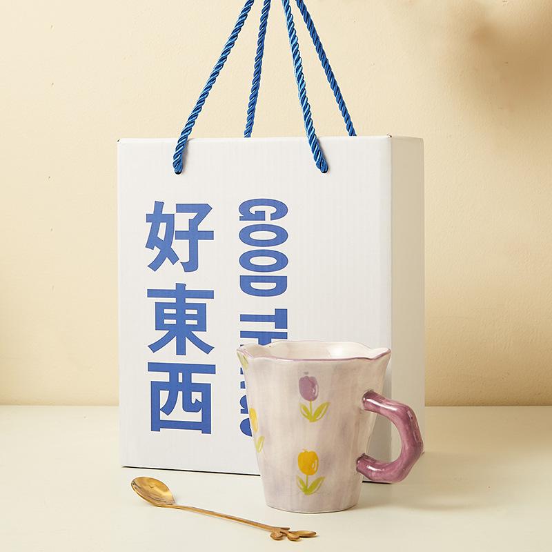 Creative Hand-Squeezed Small Fresh Tulip Mug Hand-Painted Flower Ceramic Cup Office Gift Box Coffee Milk Cup