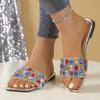 Fashion Colorful Rhinestone Flat Sandals for Women Summer Square Toe Beach Slippers Woman Gold Silver Gemstone Decoration Fashion Slides