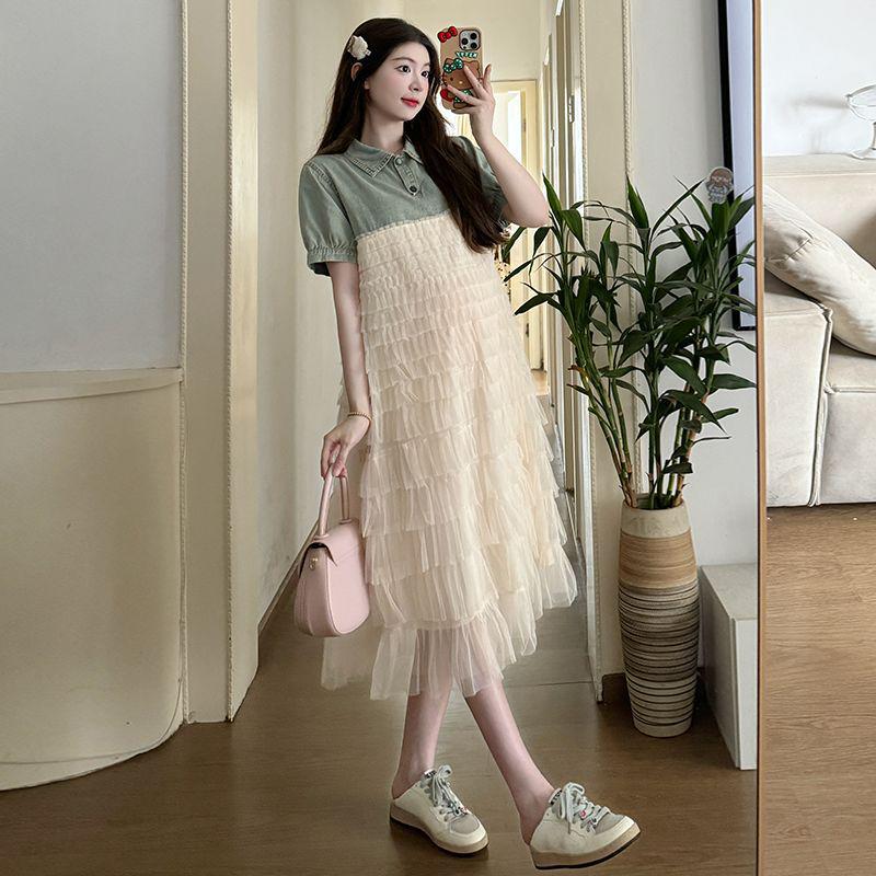 Summer Denim Patchwork Mesh Maternity Dress - Casual Loose-Fitting Sweet Outerwear