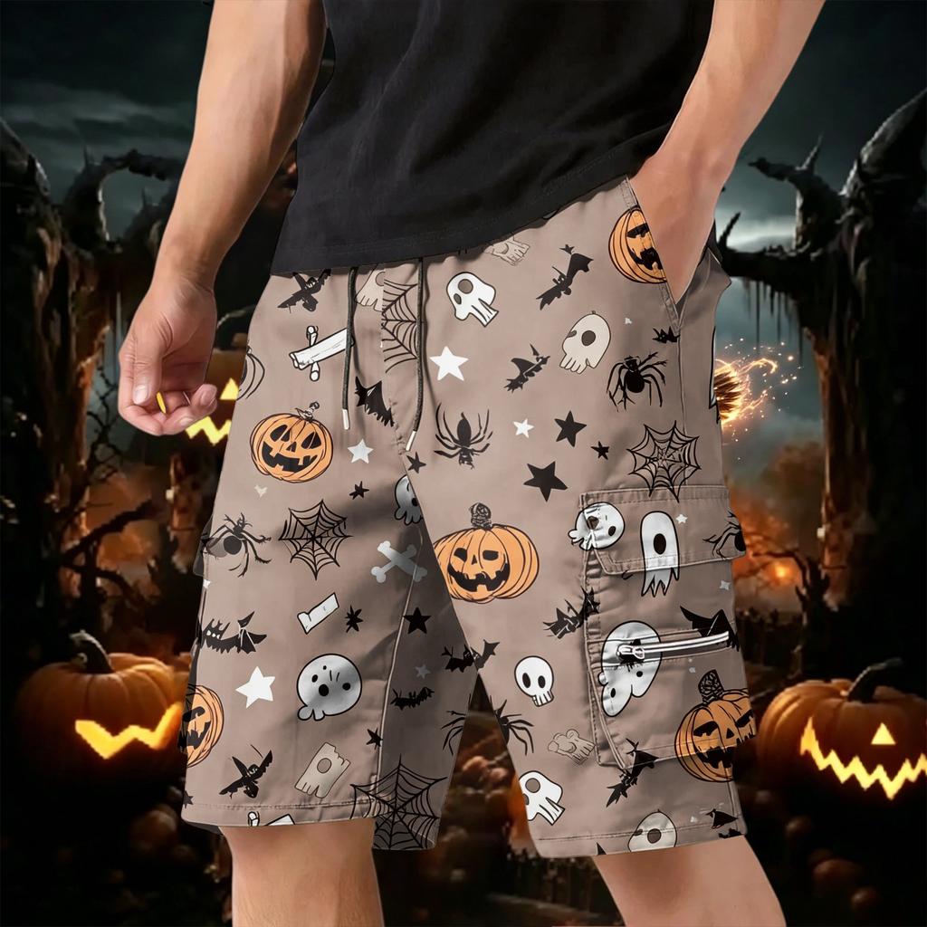 Men's Halloween Cargo Shorts Multi Pocket Drawstring Waist Casual Workwear Shorts with Zippered and Flap Pockets for Outdoor Activities