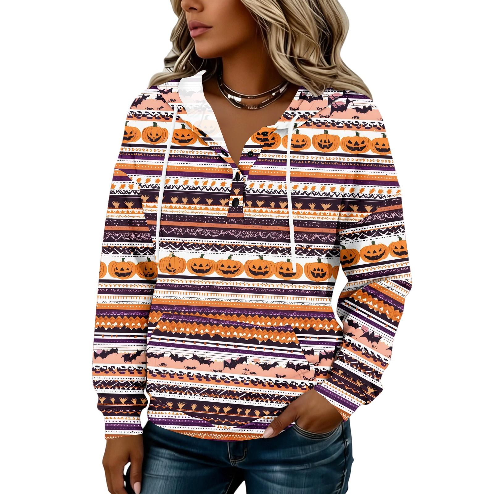 Women s Fashion Button Front Hoodie with Halloween Print Pullover Sweatshirt for Casual Everyday Wear XXL