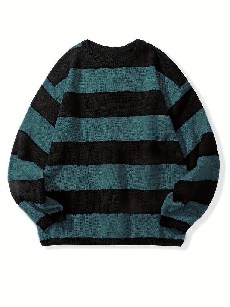 Men's Retro Wool Knitwear: Color Block Striped, Round Neck, Soft & Cozy, Loose Fit, Autumn/Winter Edition.