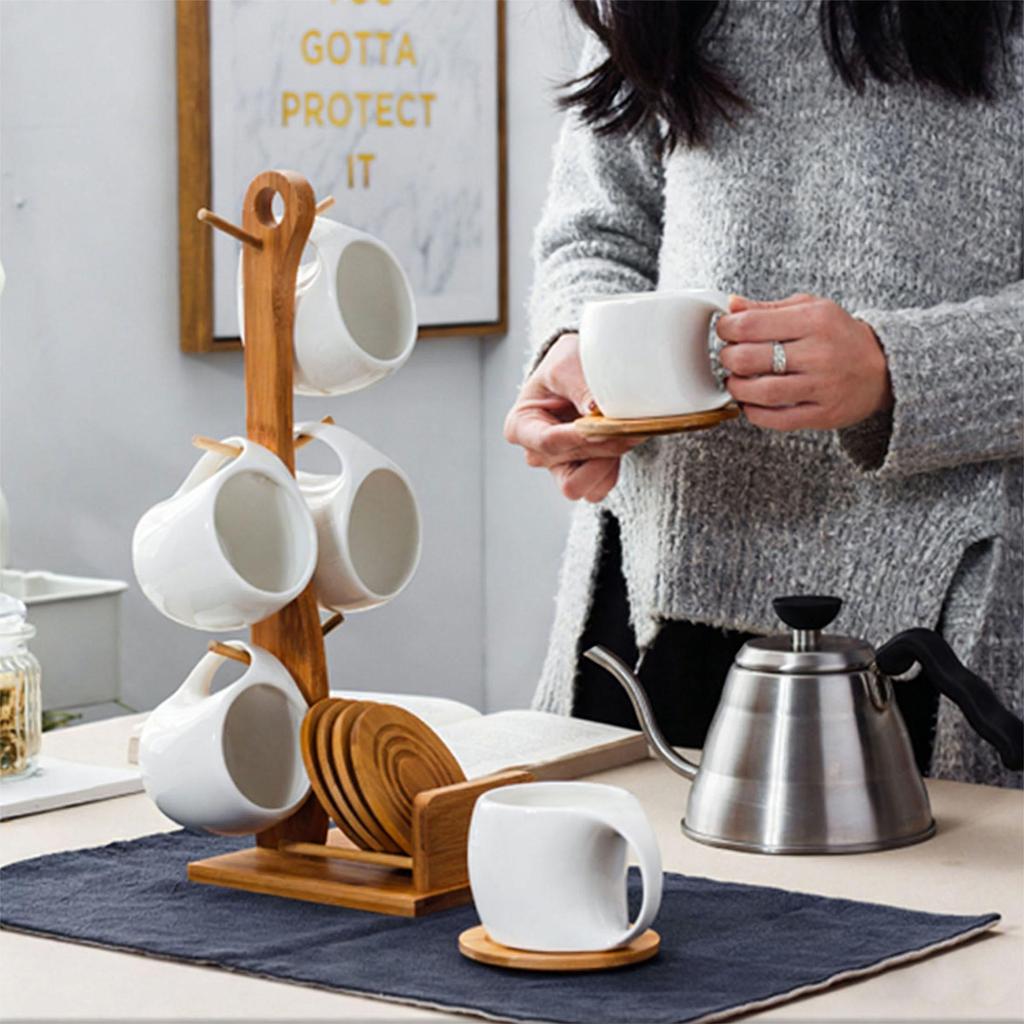 Nordic Style Ceramic Coffee Mug Set with Natural Bamboo Tree Cup Holder and Non-slip Coasters Stylish Kitchen Organizer for Tea and Coffee Home Decor