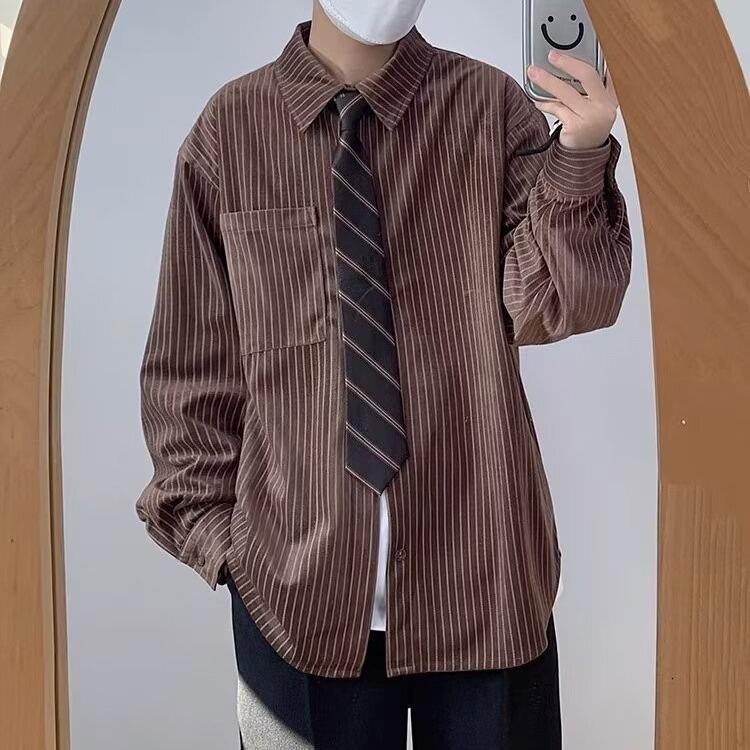 2024 Jarní Japonská Retro Pruhovaná Košile s Dlouhým Rukávem - Unisex Vysokoškolský Styl, Ležérní Volný Střih