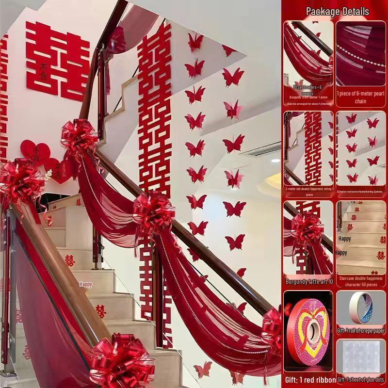 Elegant Stair Handrail Decorations: Gauze Curtains, Red Banners, Lanterns, and Flowers for Wedding Halls