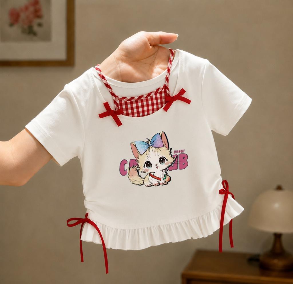 Girls Summer Fake Two Piece Plaid Short Sleeve T Shirt Cute Cartoon Stylish Top