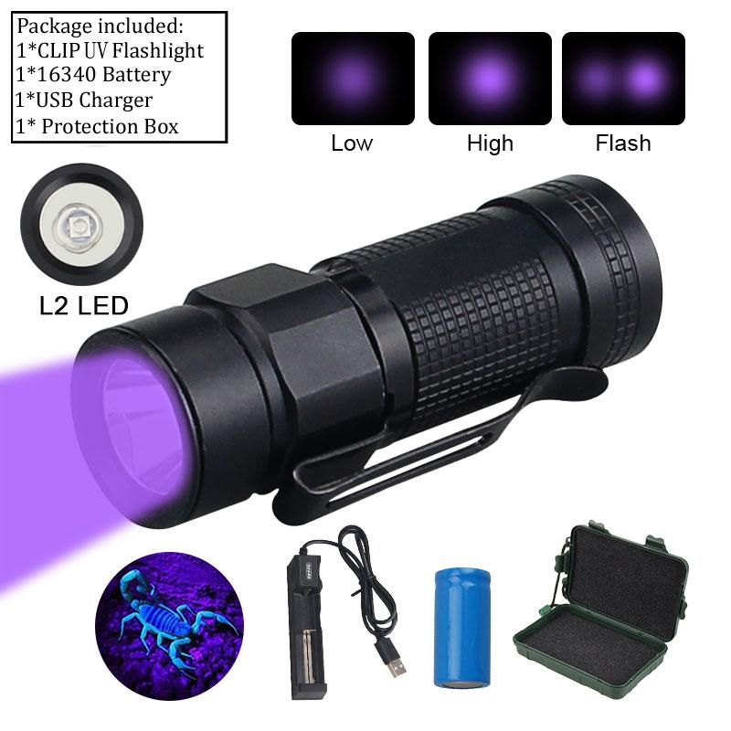 Mini LED UV 395nm CLIP EDC Flashlight Outdoor Portable Hiking Tiny 3 Modes Torch Waterproof Lamp+16340+Charger