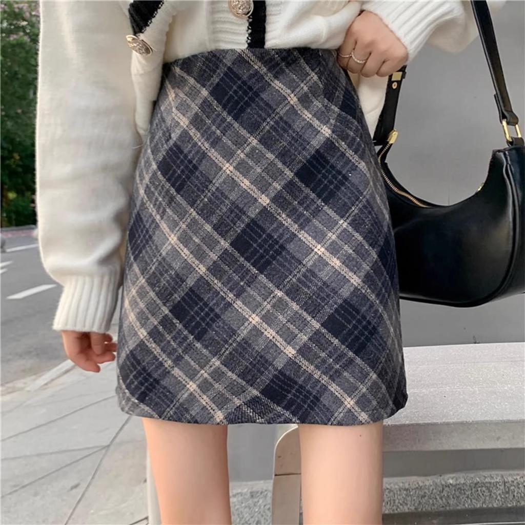 Women's Plus Size High Waist Mallard Brown Plaid Wool Blend Mini Skirt for Autumn/Winter