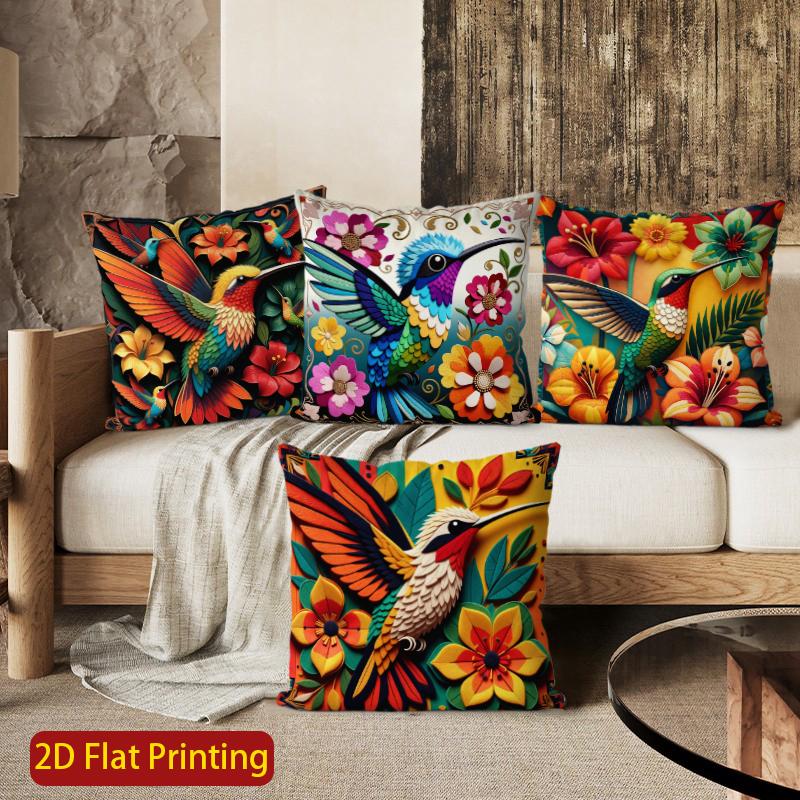 2D Boho Tropical Hummingbird Floral Throw Pillow Covers Pattern Cushion Cover Suitable For Sofa Bedroom Car Pillow Cover