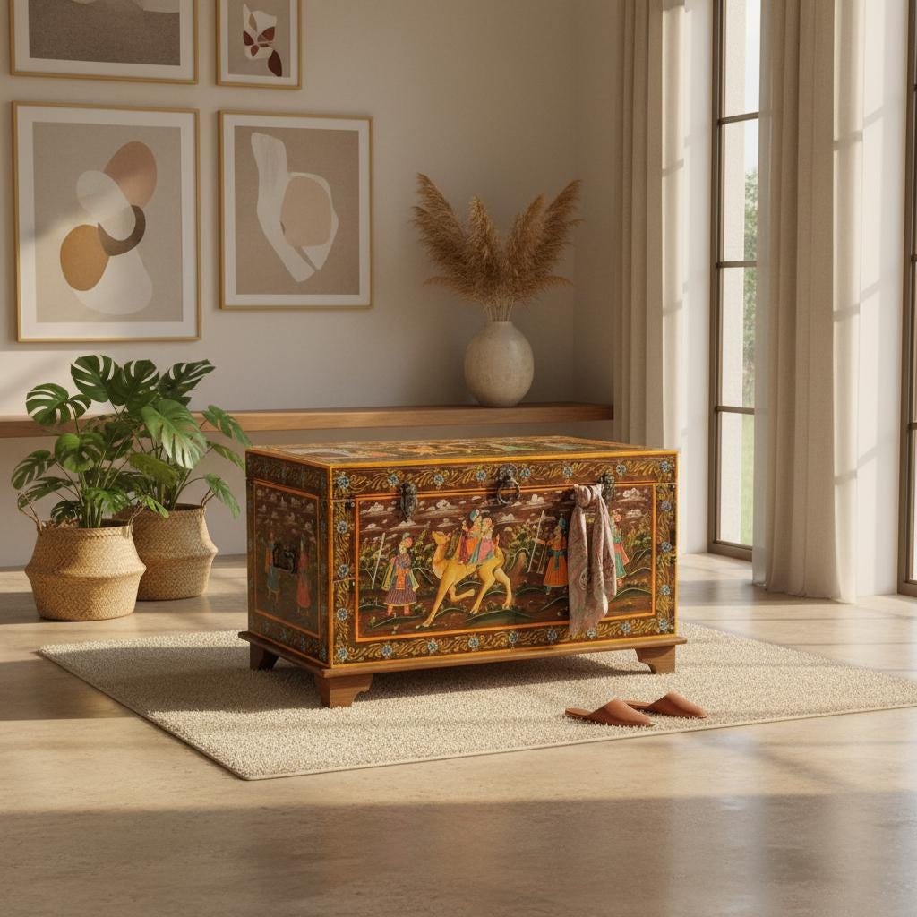 Hand-Painted Wooden Trunk Box | Indian Rajasthani Storage Chest with Royal Procession Design | Painted Blanket Box | Home Decor