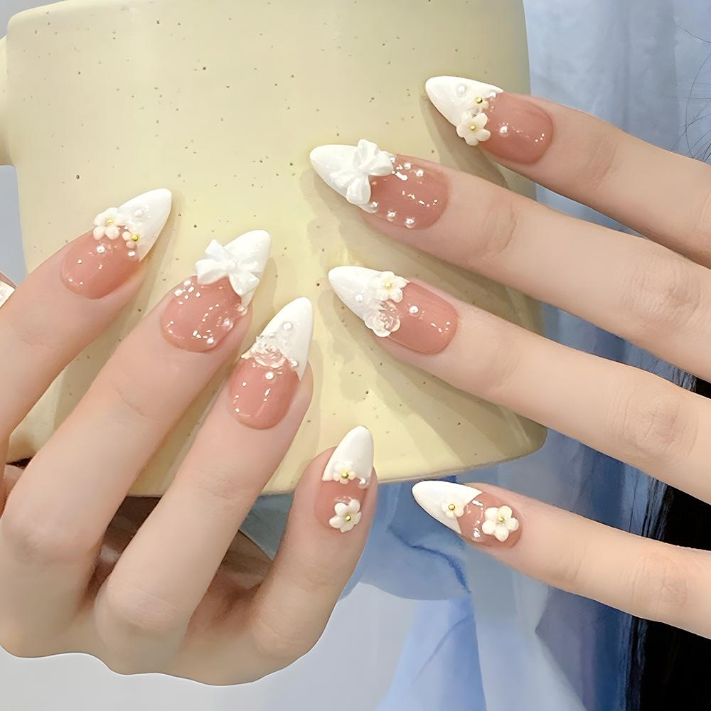 24 pz/set Quick Nails Glitter Bianco Gradiente Nail Art French Unghie Indossabili Adesivi per Unghie Rimovibili Impermeabili Unghie Finte