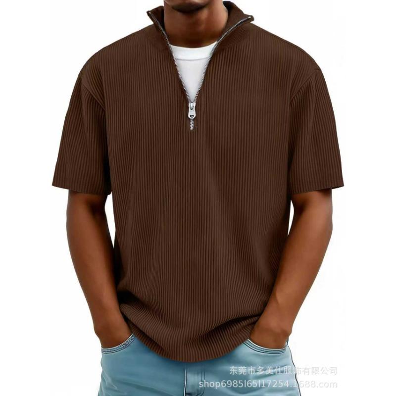 Summer New Men's Solid Color Zipper Striped Casual Short Sleeve T-Shirt