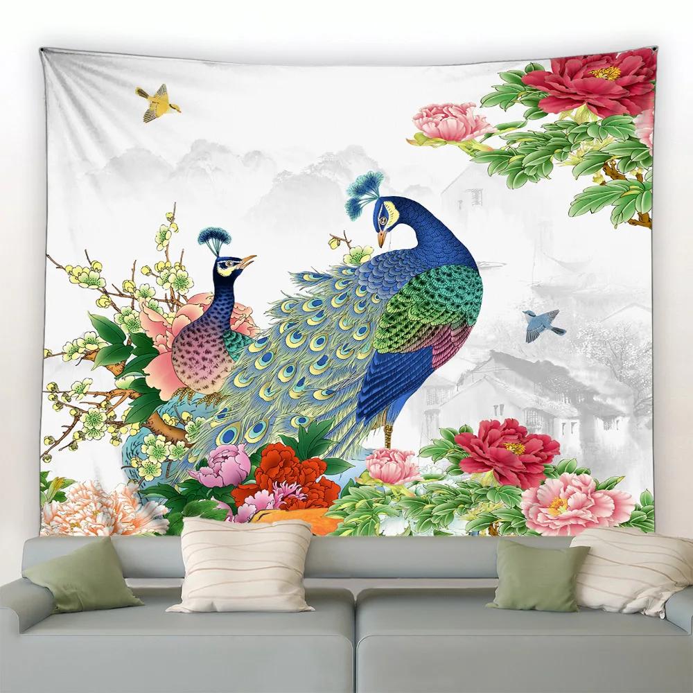 Cute Peacock Tapestry Peony Flower Butterfly Bird Wall Hanging Chinese Landscape Painting Tapestry for Living Room Bedroom Decor