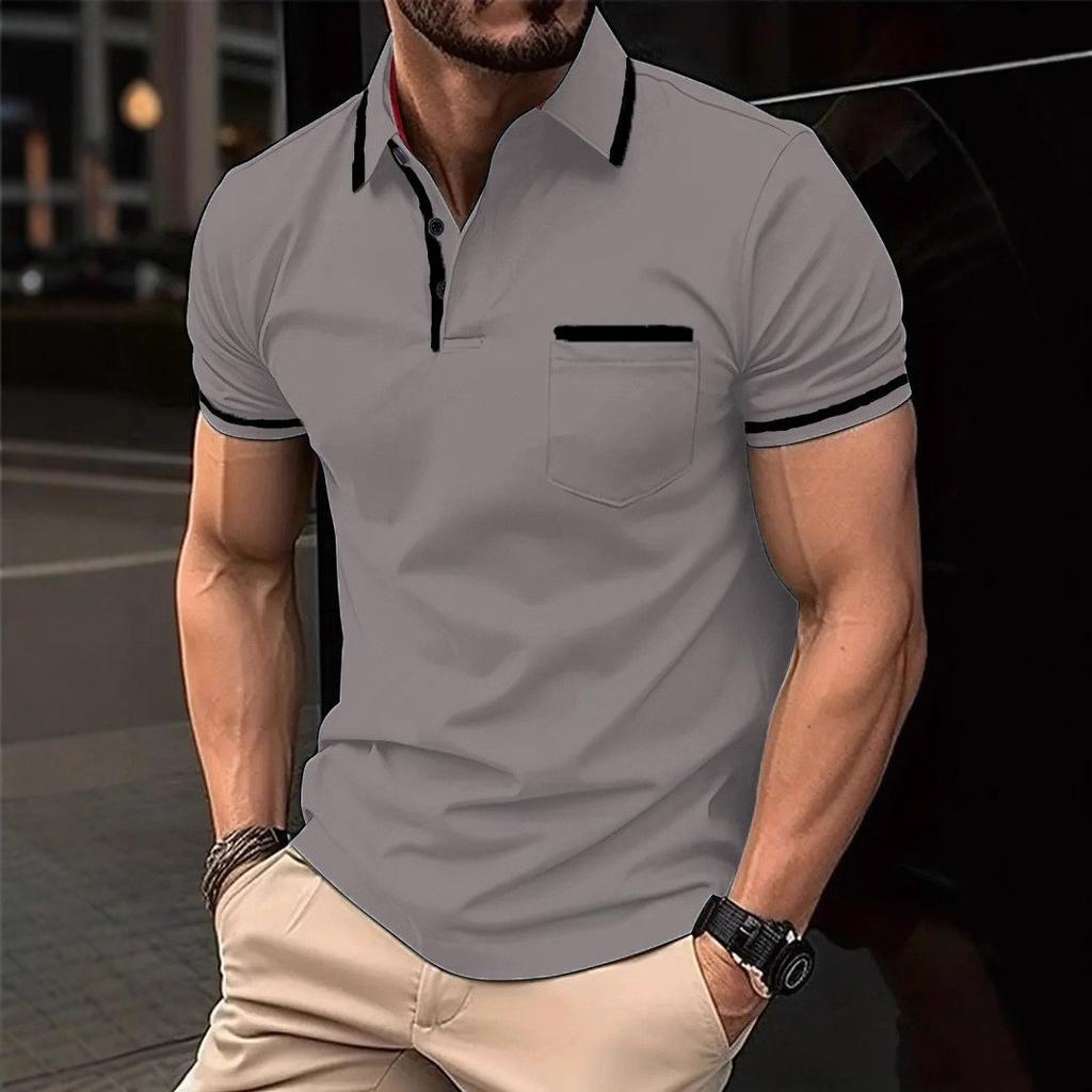 Men Clothes Summer Casual Short Sleeve Lapel Golf Polo Shirt Pocket Stitching Tops Polo Shirt
