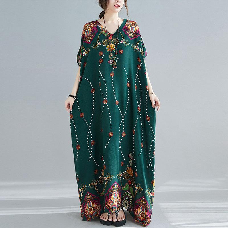 Summer Literature Plus Loose Cotton Silk Printed V-neck Short Sleeved Dress Women's Long Casual Dresses