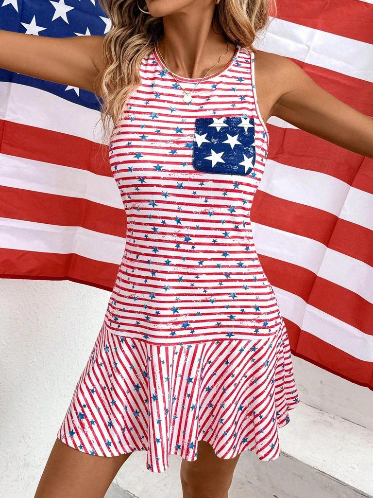 Women's Sleeveless Deep Pink Patriotic Independence Day Dress