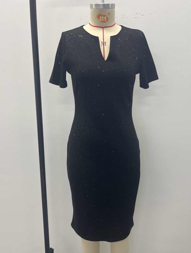 2026 Euro-American Crystal Slim-Fit Plus Size Women's Short Sleeve Slit Summer Dress
