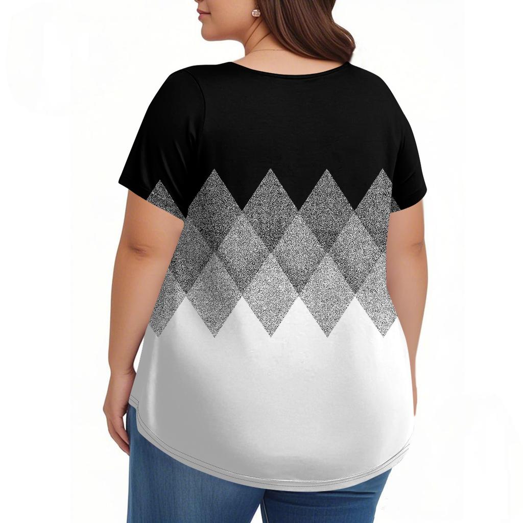 Women's Fashion Plus-size Casual Short-sleeved Geometric Striped Polka Dot Printed Round Neck Front Pleat Top