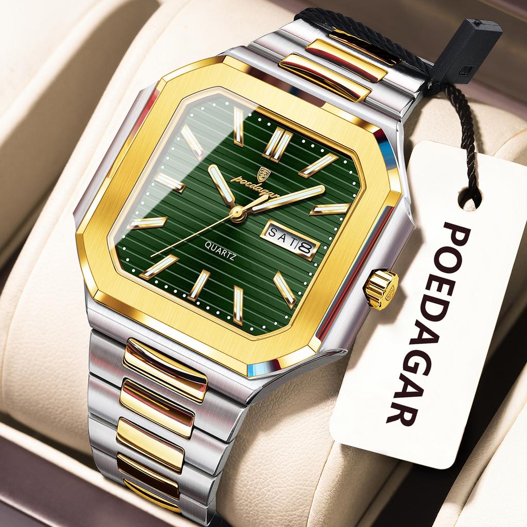 Top Luxury Brand Male Watch Waterproof Luminous Date Week Quartz Men's Watches Stainless Steel Fashion Square Men Watch