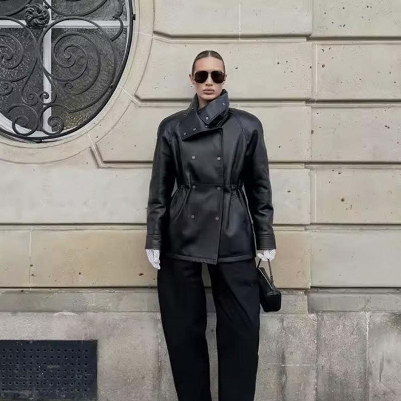 Womens Fashion Casual PU Jacket Stand Collar Double Breasted Slim Fit Street Style Outerwear