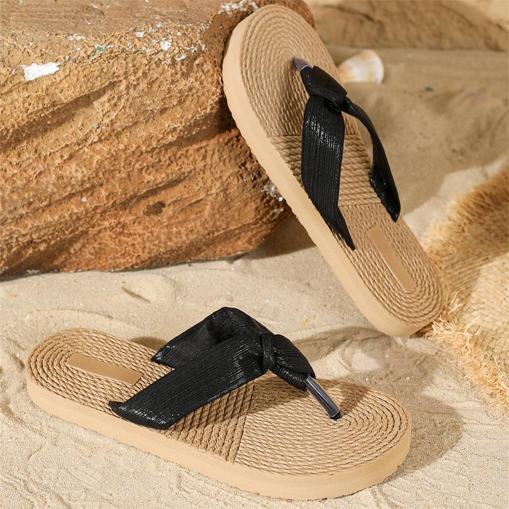 Women's Imitation Grass Woven Linen Bottom Flip Flops, Fashionable Beach Clip Flip Flops
