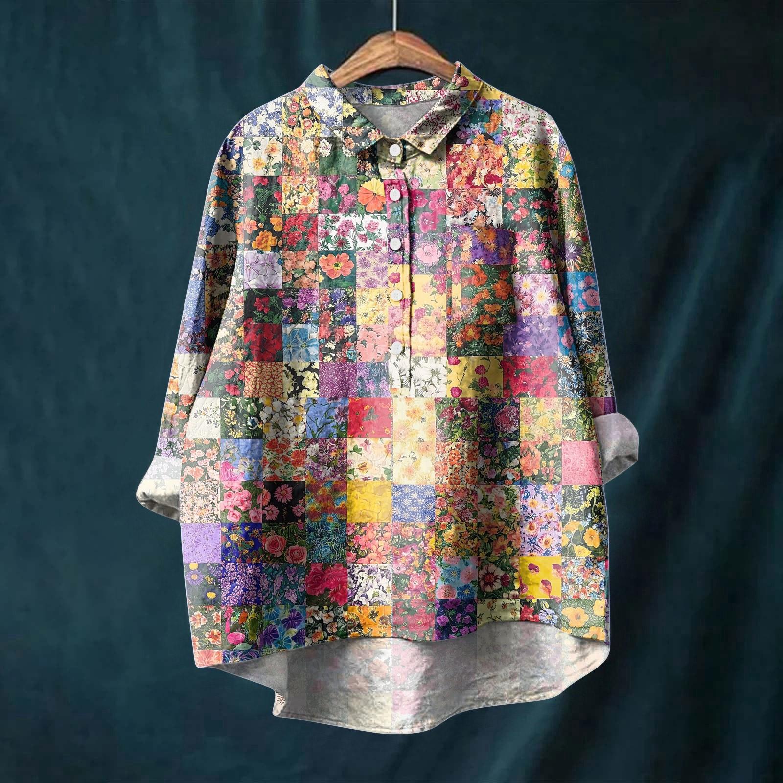 

Женская рубашка с длинным рукавом на пуговицах, ретро геометрический принт, повседневный неровный подол, рубашечный воротник, топ XL