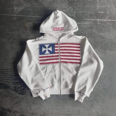Retro Y2K Gatumode Herrbroderad Zip-Up Huvtröja Jacka