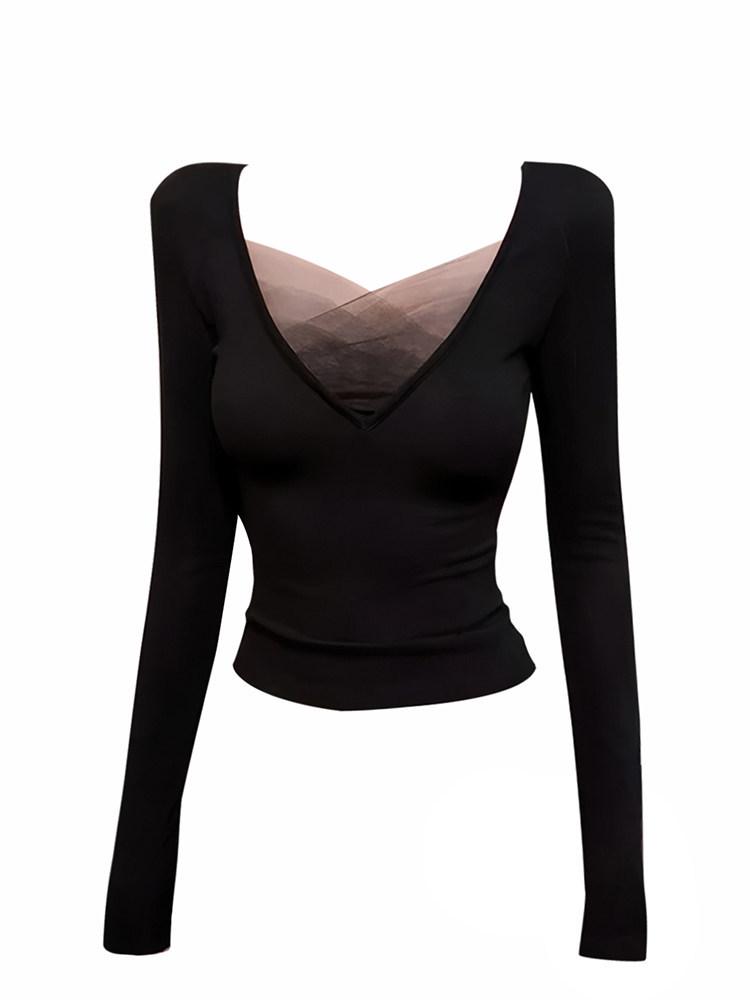 Korean Black Mesh V-Neck Long-Sleeve Women's Base Layer Top, Tight-Fit, Autumn/Winter