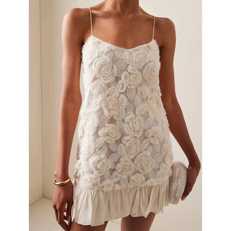 Goddess Romance French Style Gentle Atmosphere Three-Dimensional Flower Patchwork Pleated Short Vacation Sling Dress